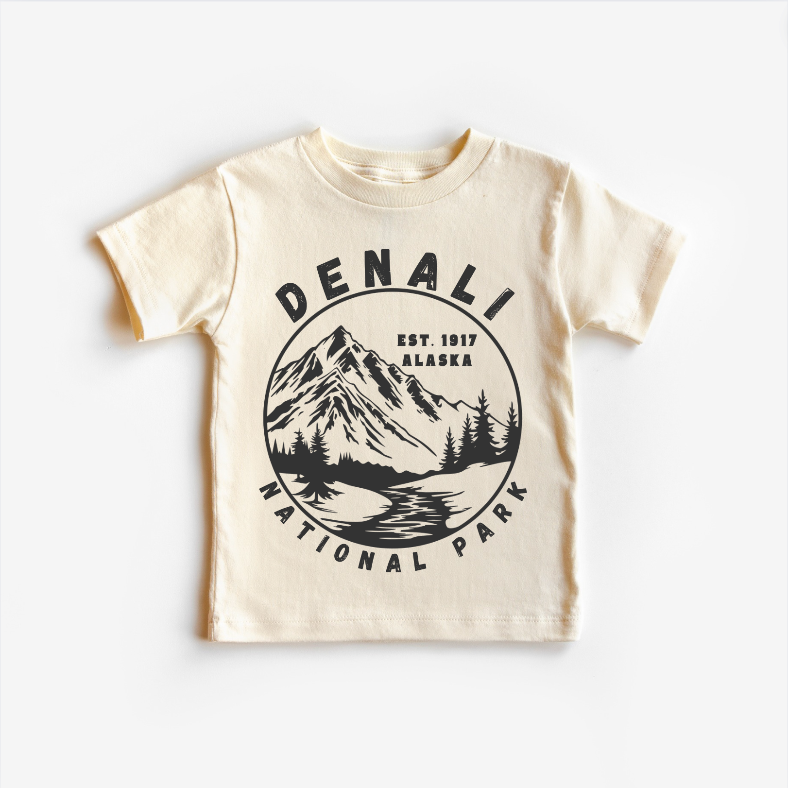A beige unisex tee shirt with 'DENALI NATIONAL PARK ALASKA' text and a mountain graphic design.