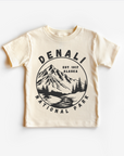 A beige unisex tee shirt with 'DENALI NATIONAL PARK ALASKA' text and a mountain graphic design.