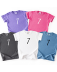 “Seven” 7th Birthday Tee – Neutral Children’s Shirt (Multiple Fits & Styles)