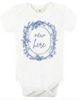 New Here – Blue Toile Baby Bodysuit