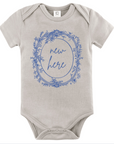 New Here – Blue Toile Baby Bodysuit