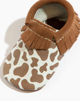 Suede Cow Print Moccasin Baby Shoe
