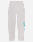 Gray sweatpants with blue text on a white background
