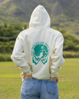 Back view of the Egret cream hoodie with green globe artwork and This World Is Not Your Home lettering.