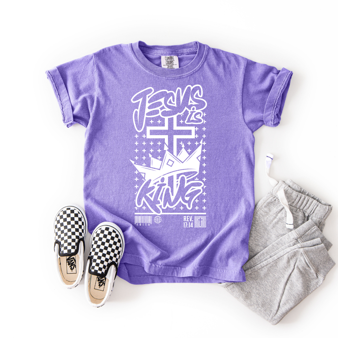 Jesus Is King – Youth Christian T-Shirt with Crown & Cross