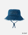 Close-up of WWJD appliqué on an indigo denim bucket hat