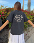 Black What a Friend in Jesus heavyweight tee styled with white shorts