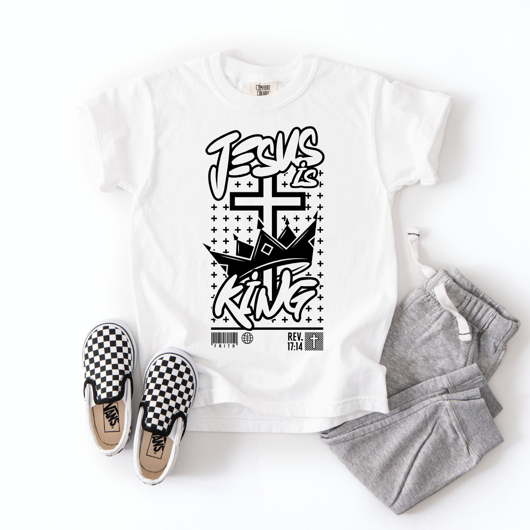 Jesus Is King – Youth Christian T-Shirt with Crown & Cross