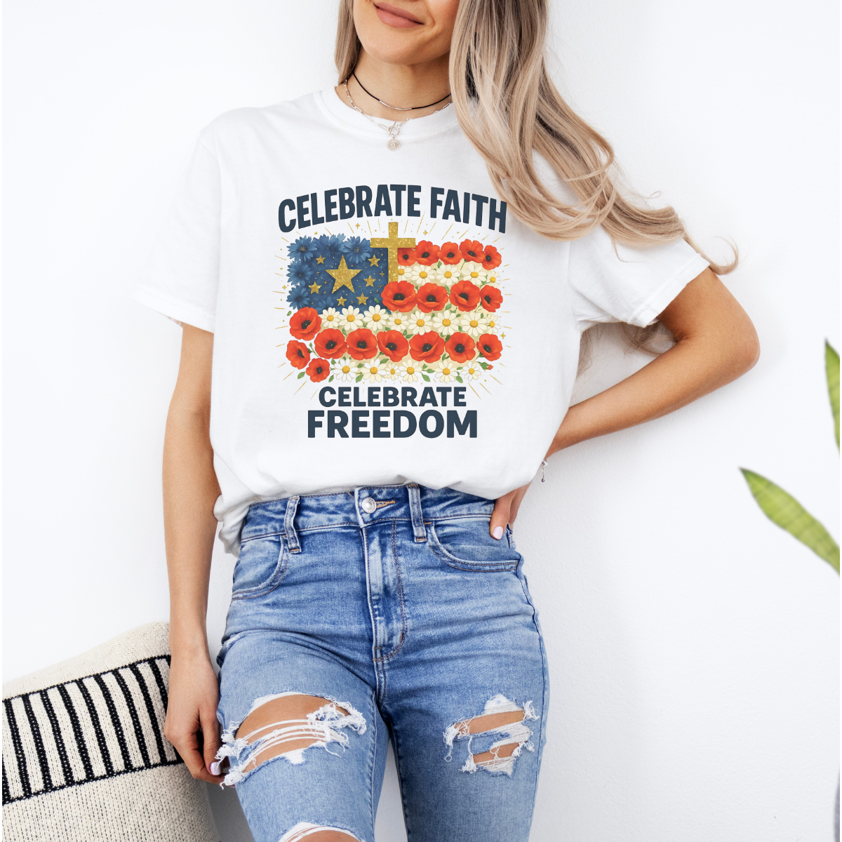 Celebrate Faith, Celebrate Freedom – Women’s Christian USA Flag T-Shirt