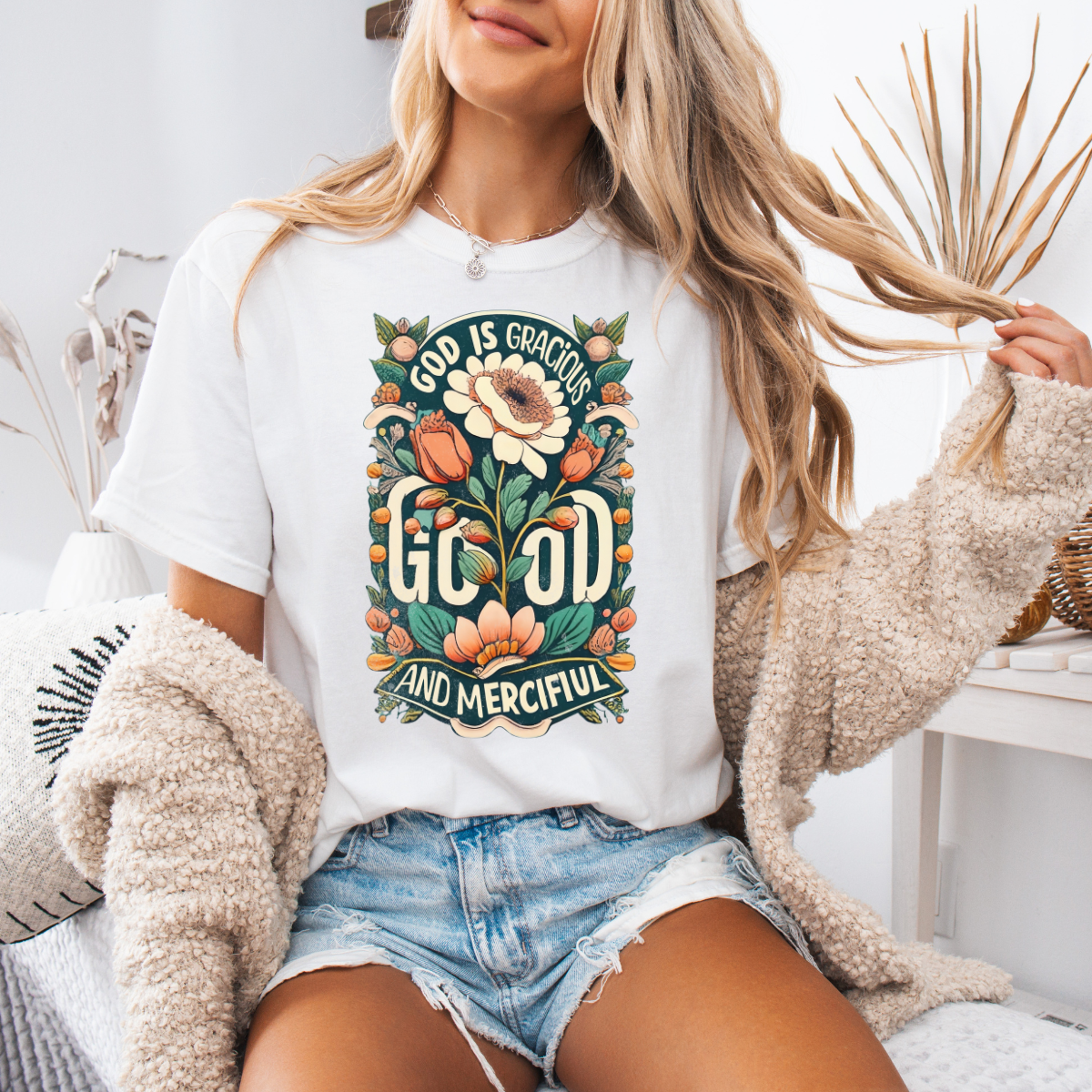 God is Gracious, Good, and Merciful – Floral Christian Tee for Women
