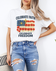 Celebrate Faith, Celebrate Freedom – Women’s Christian USA Flag T-Shirt