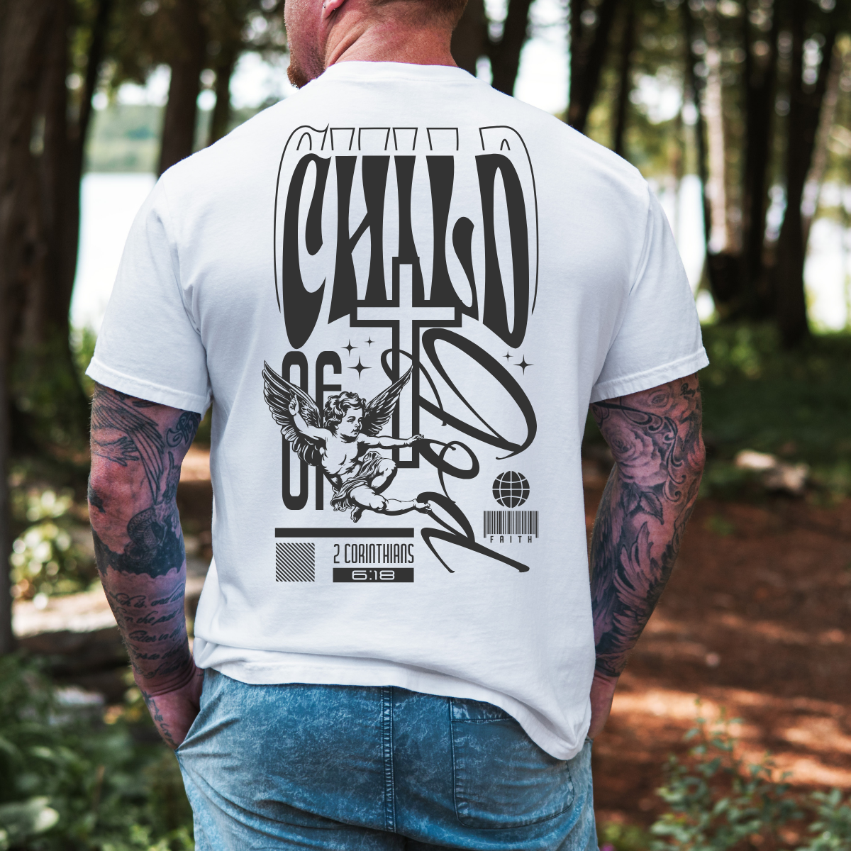 Child of God – Men’s Christian T-Shirt with Angel Design (2 Corinthians 6:18)