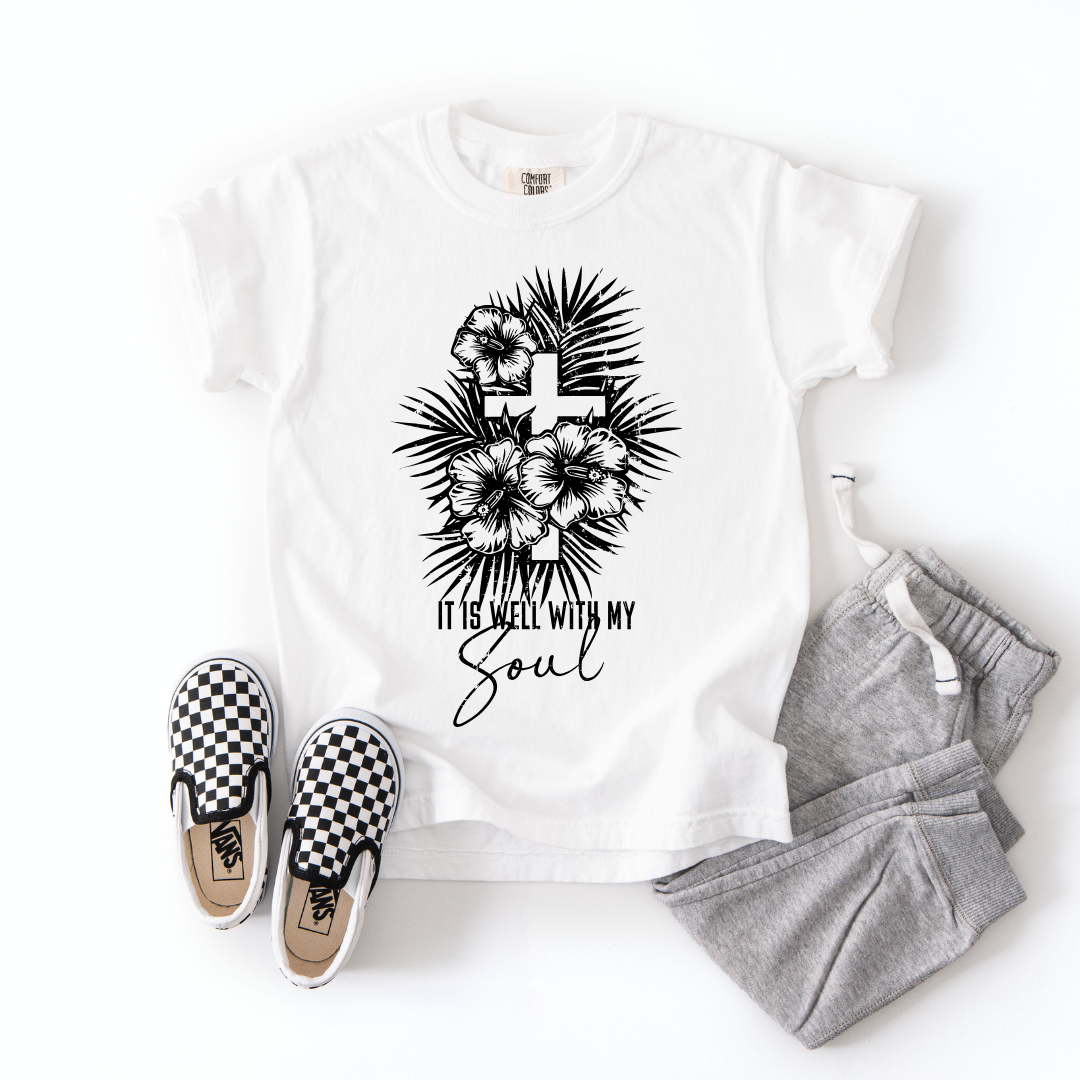 It Is Well With My Soul – Youth Christian Floral Cross T-Shirt