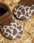 Suede Cow Print Moccasin Baby Shoe