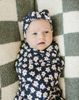 Navy Daisy Ribbed Bamboo Stretch Swaddle