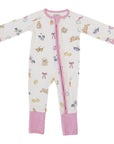 Baby onesie with animal prints and pink accents on a white background