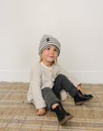 Grey & White Stripe Chunky Knit Beanie