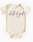 Baby wearing “Child of God” affirmation bodysuit – Christian script design organic cotton outfit by Lumiere Vive