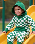 Hooded Jogger Set for Kids in Green Checker | Soft Luxaboo French Terry Matching Set