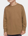 Toddler boy wearing a coyote brown Rabbit Skins 3302 fine jersey long sleeve tee, front view, ideal for custom printing