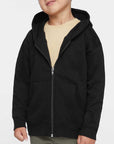 Toddler wearing a black Rabbit Skins 3346 full zip fleece hoodie, front view, ideal for custom printing
