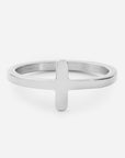 Silver ring with a central vertical bar on a white background