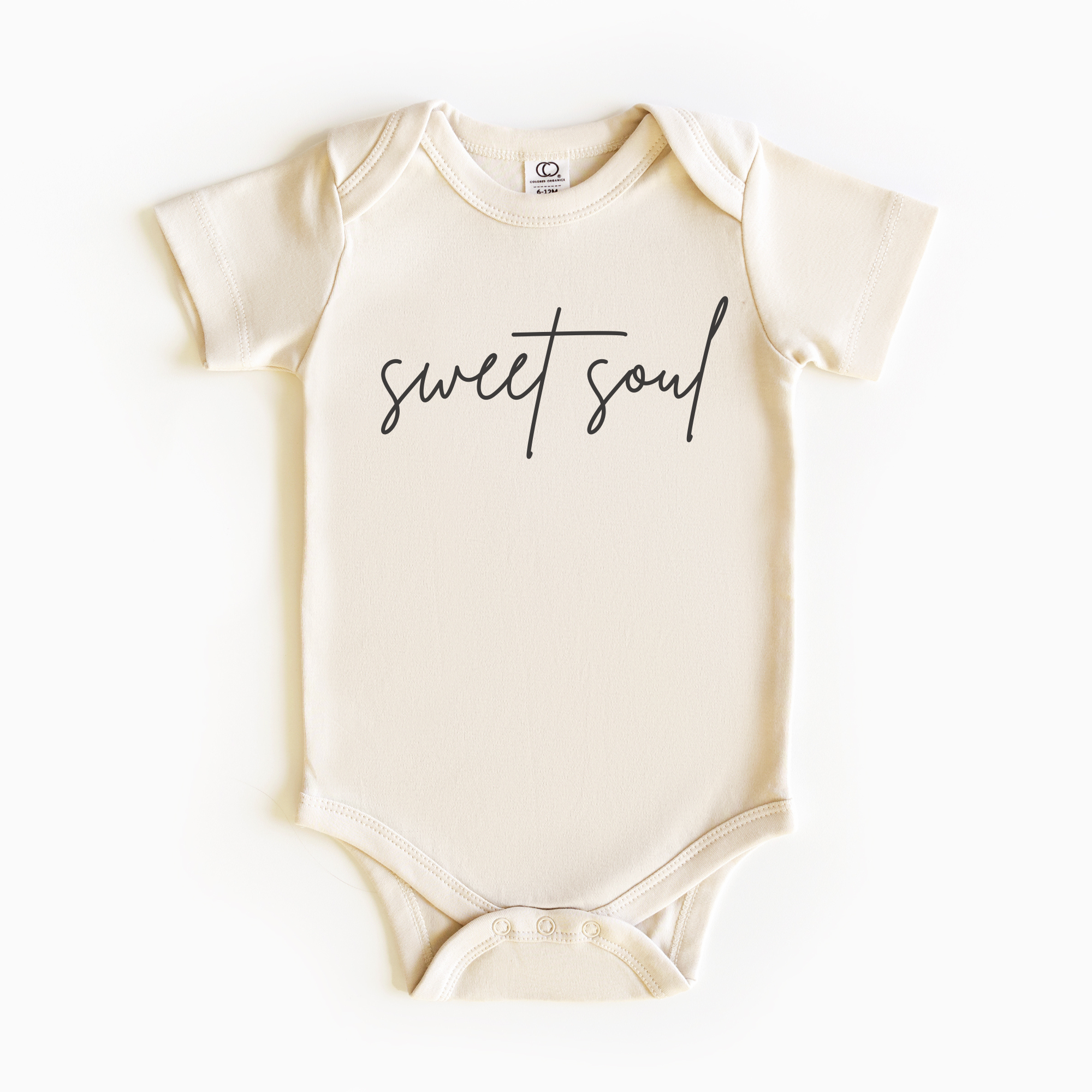 Baby wearing “Sweet Soul” affirmation bodysuit – Christian script design organic cotton outfit by Lumiere Vive