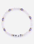 Bracelet with beads and 'WWJD' tag on a white background