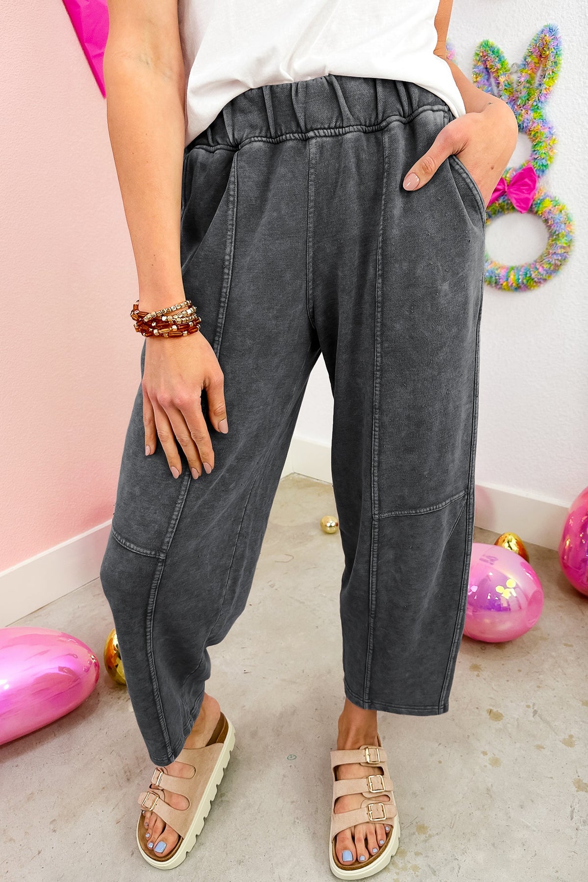 Lola Mineral-Wash Elastic-Waist Barrel Pants