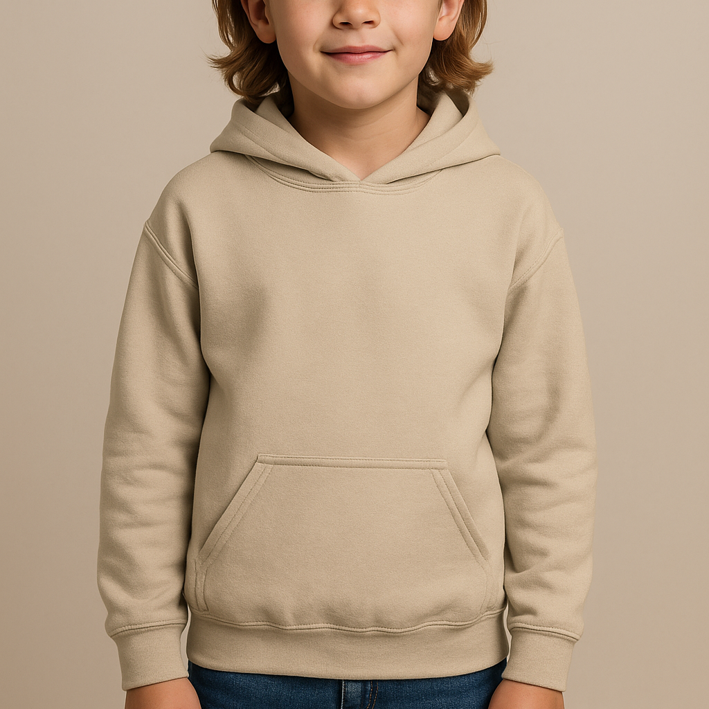 Child wearing a beige hoodie on a beige background