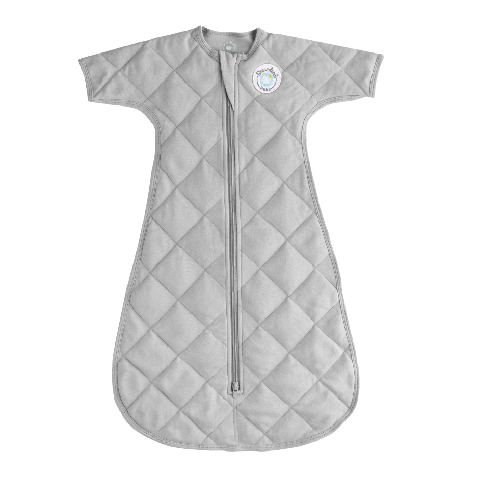 Gray quilted baby sleeping bag with a zipper on a white background