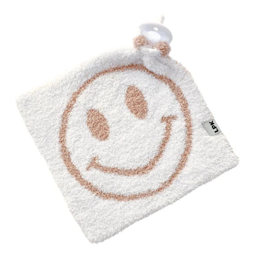 White textured pouch with a smiley face design on a white background