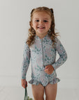 Girl's One-Piece Ruffle Rash Guard Swimsuit