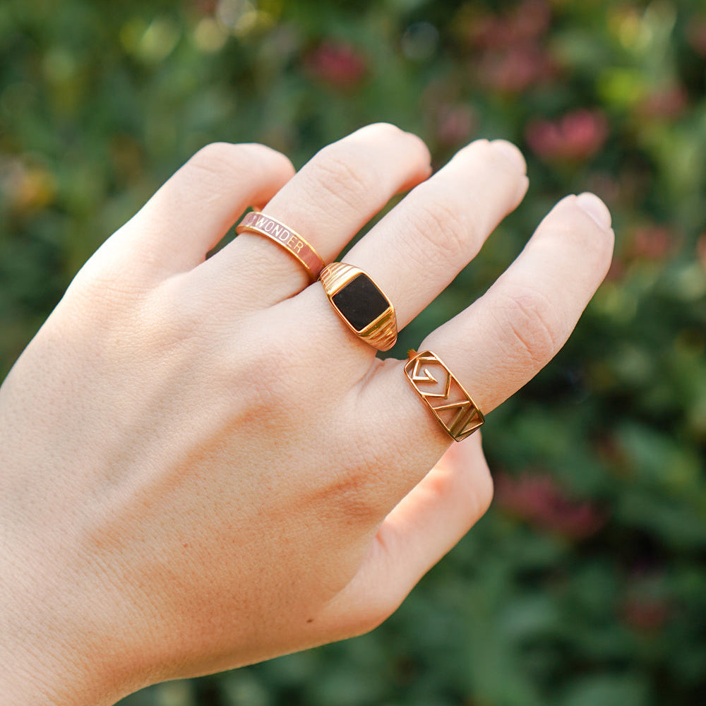 Hand wearing three rings with a blurred green background