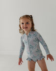 Girl's One-Piece Ruffle Rash Guard Swimsuit