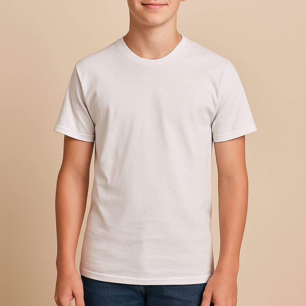 Young boy wearing a white Jerzees 29BR Dri Power 50/50 Youth T-Shirt on a neutral beige studio background — soft cotton-poly blank ideal for custom printing by Lumiere Vive.