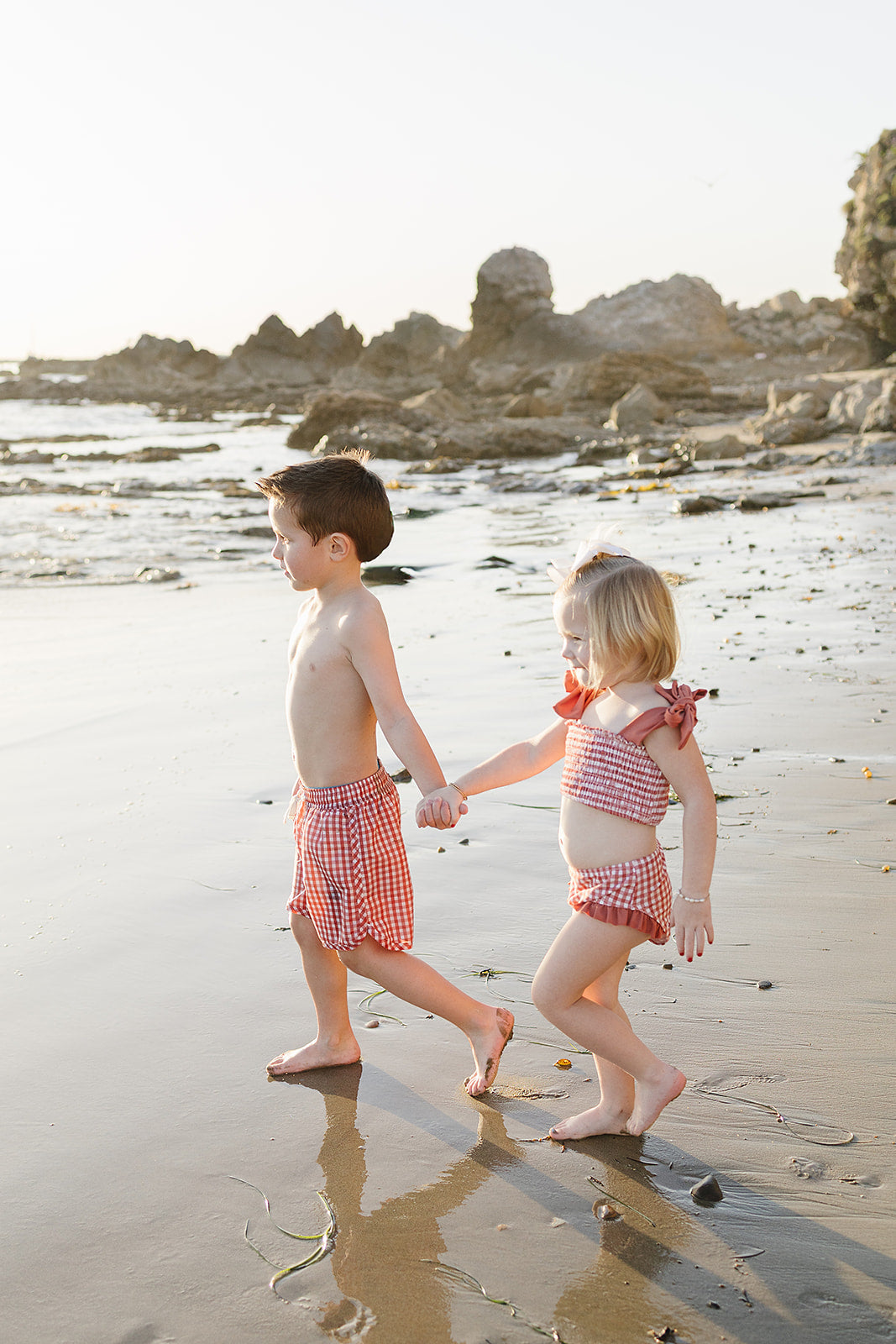 Coral Gingham Kids Swim Shorts | UPF 50 Lightweight Swimwear