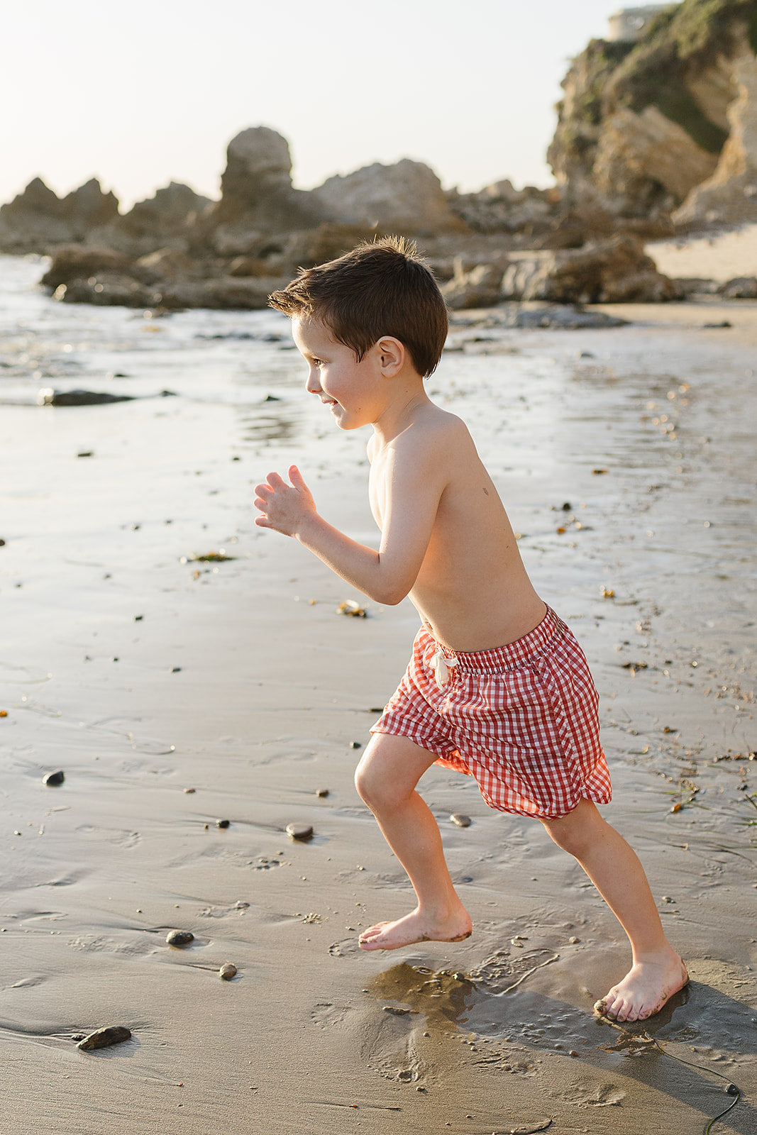 Coral Gingham Kids Swim Shorts | UPF 50 Lightweight Swimwear