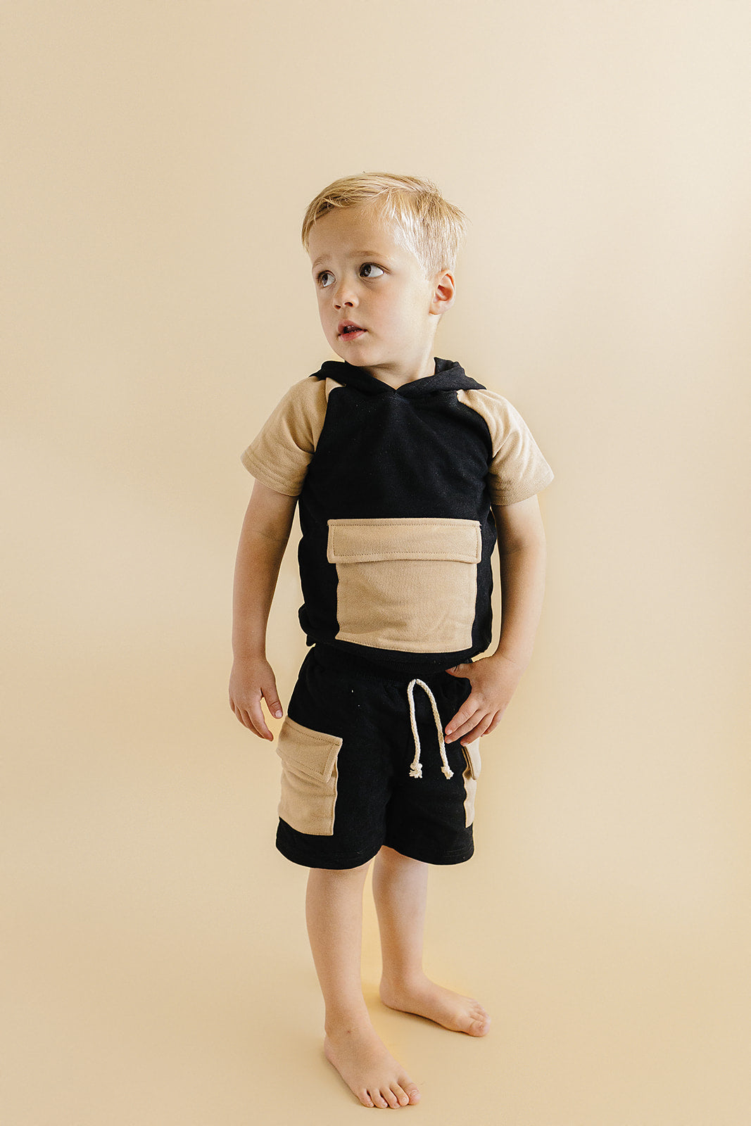 Black Tan Terry Cargo Shorts Set Kids Outfit