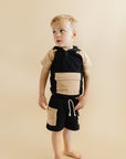 Black Tan Terry Cargo Shorts Set Kids Outfit