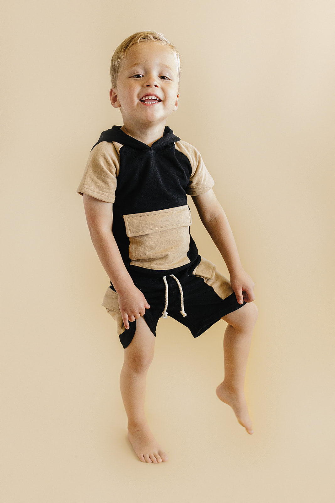 Black Tan Terry Cargo Shorts Set Kids Outfit
