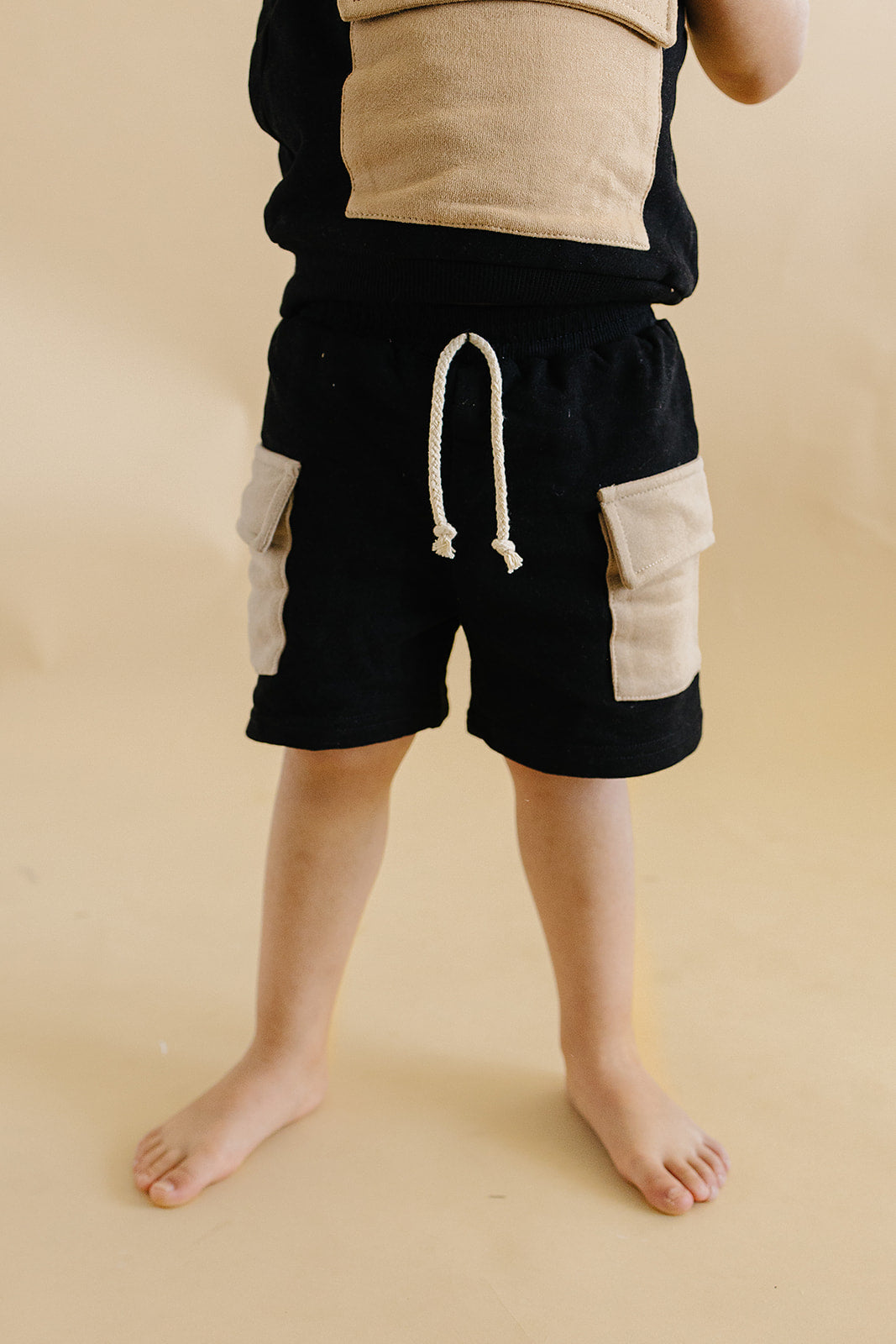 Black Tan Terry Cargo Shorts Set Kids Outfit