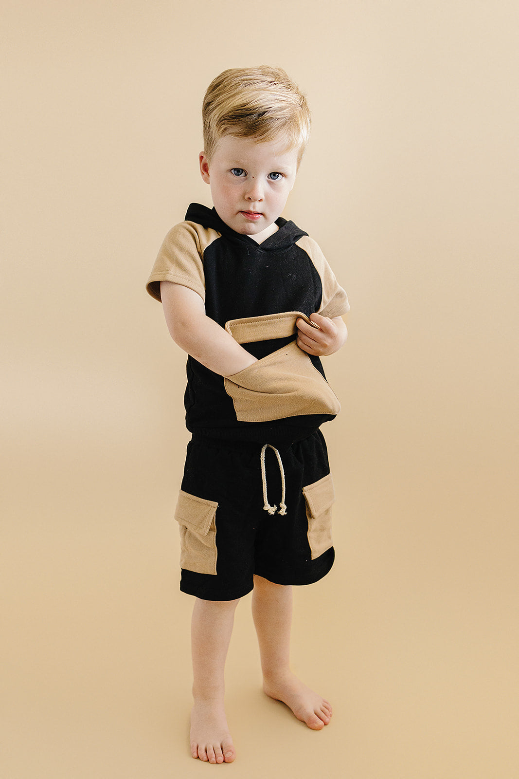 Black Tan Terry Cargo Shorts Set Kids Outfit