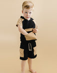 Black Tan Terry Cargo Shorts Set Kids Outfit
