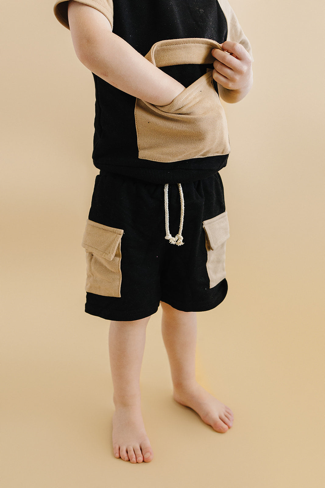 Black Tan Terry Cargo Shorts Set Kids Outfit