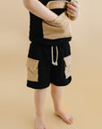 Black Tan Terry Cargo Shorts Set Kids Outfit