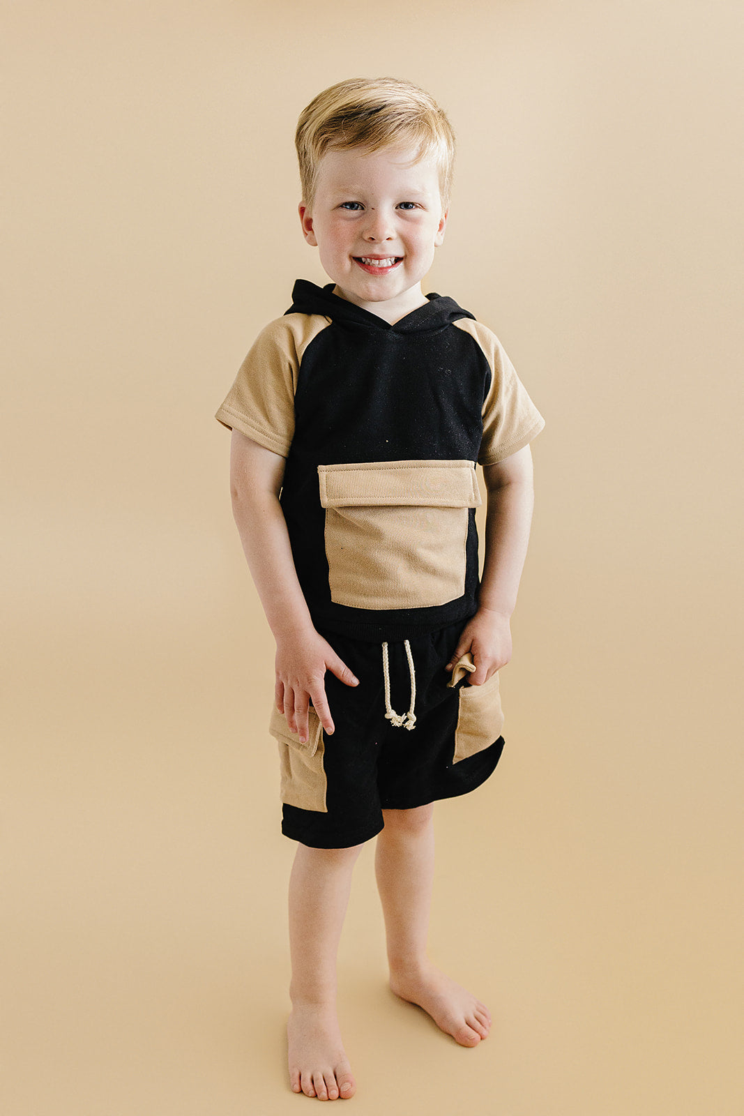 Black Tan Terry Cargo Shorts Set Kids Outfit
