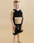 Black Tan Terry Cargo Shorts Set Kids Outfit