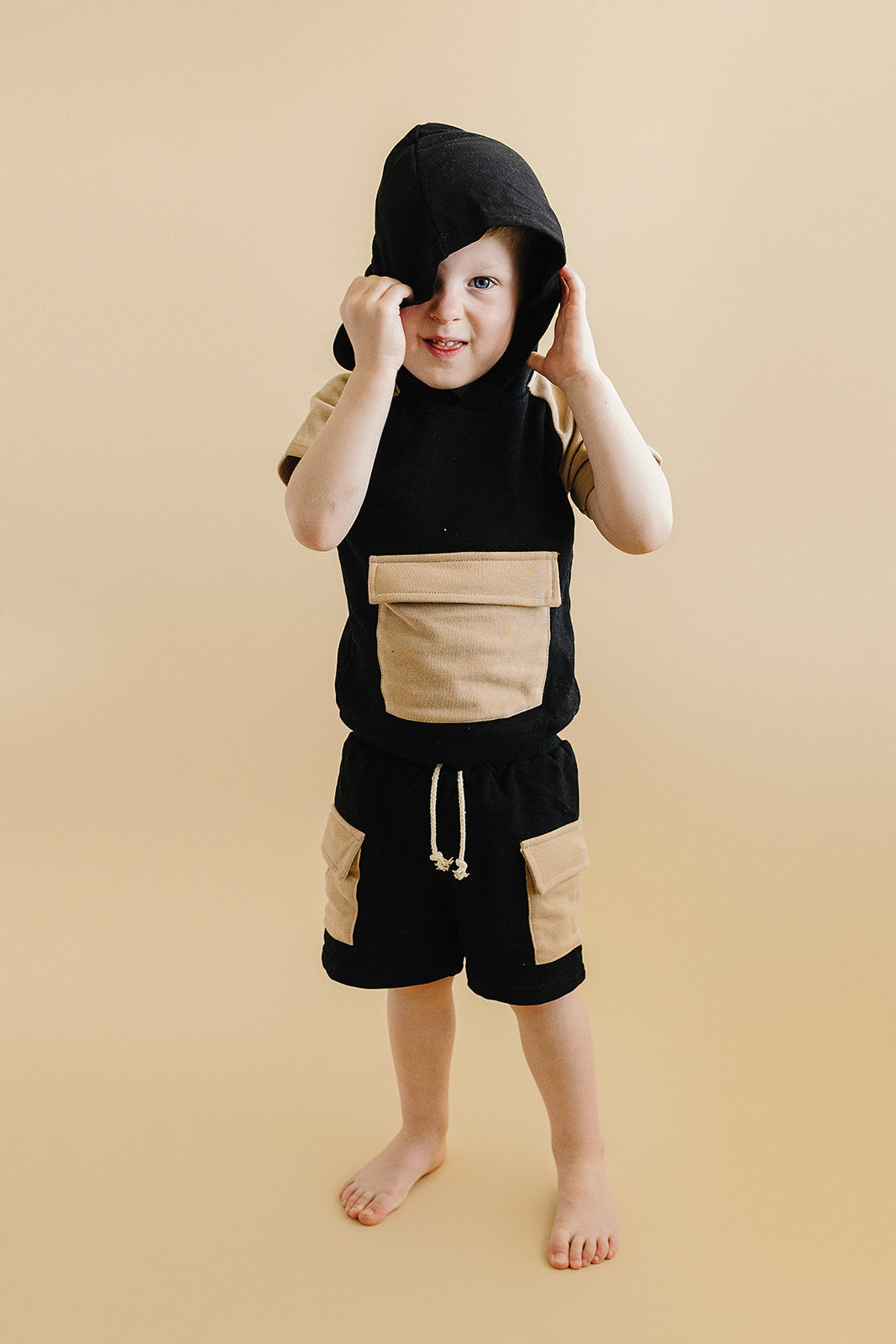 Black Tan Terry Cargo Shorts Set Kids Outfit