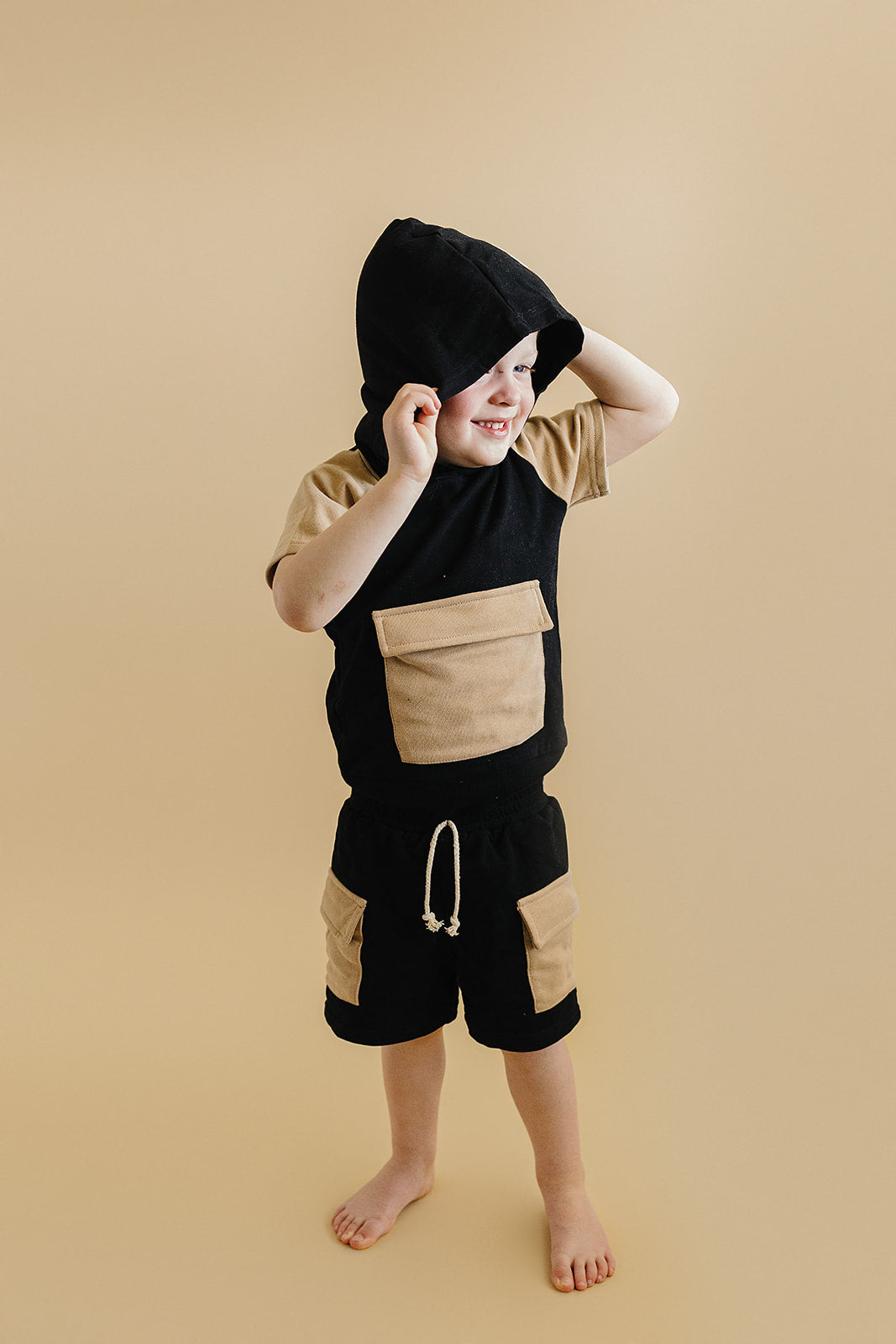Black Tan Terry Cargo Shorts Set Kids Outfit